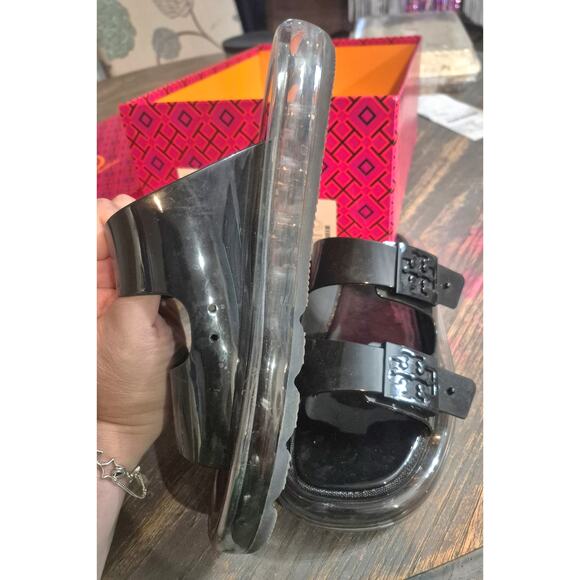 TORY BURCH $228 BLACK BUCKLE JELLY SLIDE SANDAL Shoes Sz 9 Summer Beach pool - Picture 8 of 16
